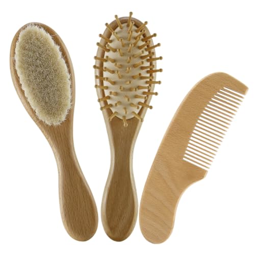 KOMBIUDA Infant Baby Hair Brush Set Wool Brush and Wooden Comb Newborn Baby Hair Care Kit Safe