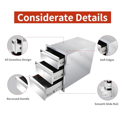 Image of Outdoor Kitchen Drawers 14 inch W x 21 inch H x 23 inch D Triple BBQ Drawers Stainless Steel Built-in Drawer for Outdoor Kitchen Island, Patio Grill Station