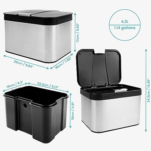 Belle Vous Kitchen Food Waste/Compost Bin - 4.3L / 1.14gal Kitchen Countertop Caddy - 25 x 17cm/9.84 x 6.69 Inches - Black/Silver Plastic and Stainless Steel Compost/Waste Container with Lid - Image 2