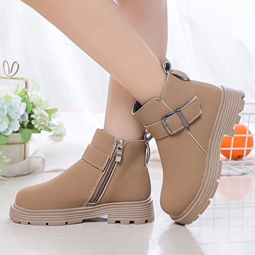 Girls Ankle Boots, Girls Scrub Boots Shoes Waterproof Leather Short Boots Non Slip Breathable Zipper Snow Boots (Khaki, 11-11.5 Years)2