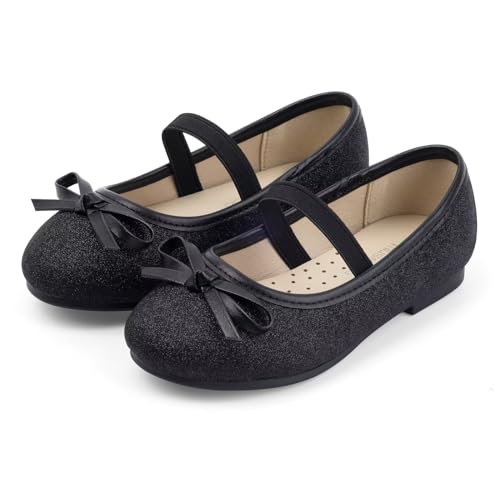 MUSSHOE Girls Dress Shoes Mary Jane Shoes for Girls Glitter Ballet Flats with Bow for Party, Wedding, Performance, Prom (Toddler/Little Kids/Big Kids)