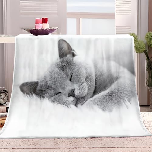Manta Mascota Gato Descansando Ropa De Cama Versátil para Sofá Y Manta De Aire 70 X 100 Cm Estampado De para Niños Adultos Manta De Microfibra Gris Blanco Suave Cálida Manta De Sofá