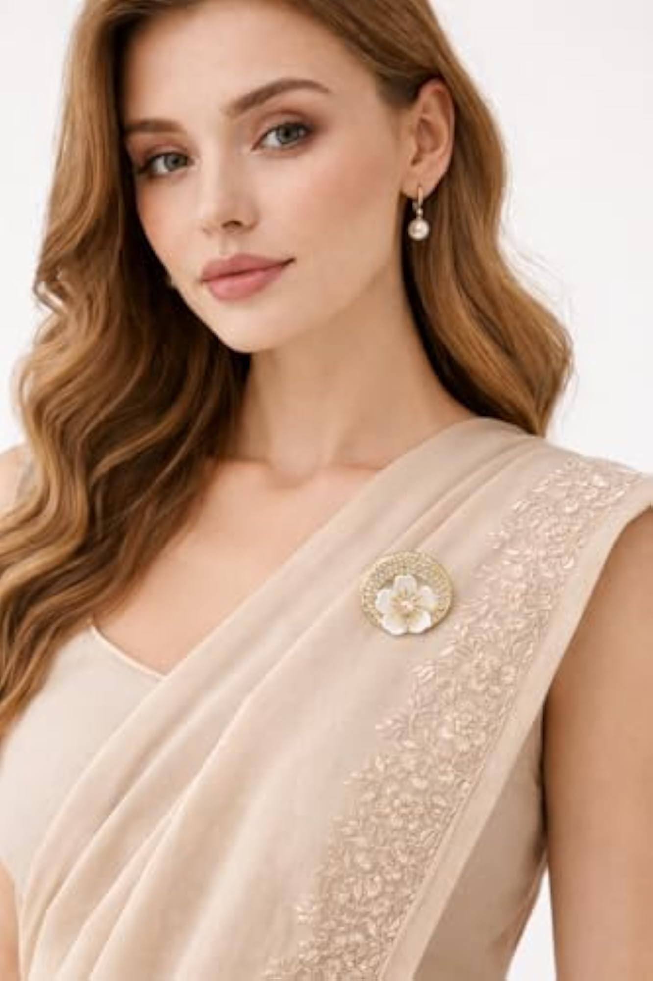Gold Tone Flower Brooch Pin with Pearl Center, Rhinestone Embellished
