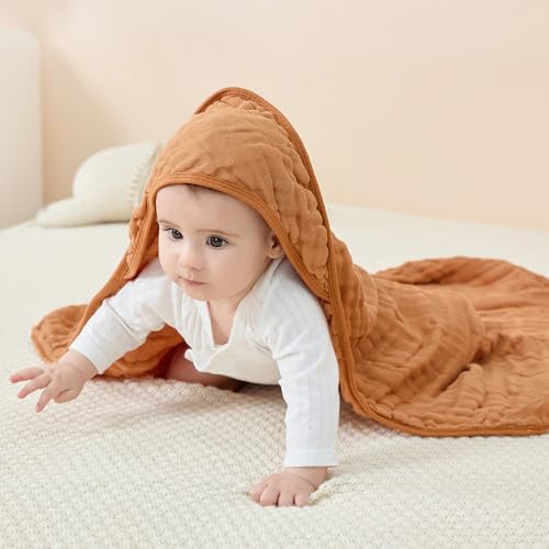 Image of JELLYMONI Muslin Baby Hooded Bath Towels for Newborn, 2 Pack 100% Cotton Baby Bath Towel with Hood for Baby, Infant, Toddler and Kids, Large 32 x 32 Inch Baby Bath Towels Soft and Absorbent