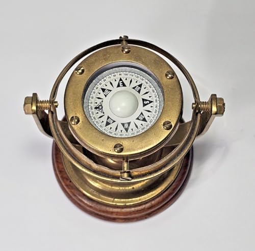 Nautical Brass & Wood Binnacle Gimbal Compass – Antique Reproduction Maritime Collectible
