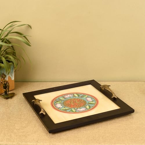 Image of Aakriti Art Creations Fusion Serenity Madhubani-Dhokra Tray, Serving Platter Beige | Matte Finish, Handcrafted Metal & Wood Tray with Handles | Tray for Kitchen Decor & House Warming Gifts