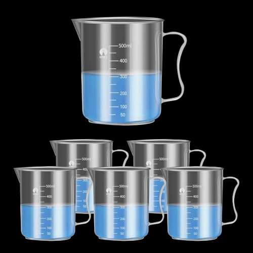 Image of Measuring Jugs, Plastic Food Grade Liquid Measuring Cups Molded Graduations - Chemical Resistant, Autoclavable - Handle for Convenient Lifting (6, 500ml)