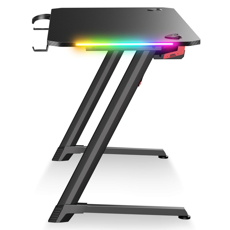 Bureau Gaming HEADQUARTER 250, 120 x 60 cm, LED RGB 8 Modes, Support Casque, Porte-gobelet, Design en Z, Noir avec Effet Carbone