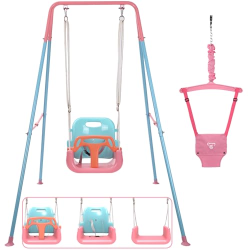 2 in 1 Toddler Swing & Jumper, Swing Set for Indoor/Outdoor, Baby Jumpers and Bouncers, Easy to Assemble & Store, Suitable for Aged 6 Months to 10 Years Old (Pink)