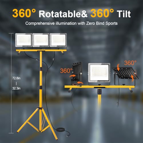30000Lumen LED Work Lights with Stand - 3 Head Portable Work Light with IP65 Waterproof, Adjustable Stand, 16ft Cord for Construction Sites, Garage, Warehouse Lighting - Indoor Outdoor by TEXTHELL - Used condition - Image 2