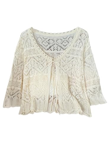 MakeMeChic Women's Crochet Tie Front Cardigan 3/4 Sleeve Lightweight Crop Sweater