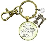 Gutsy Goodness Sewing Keychain Mends the Soul Seamstress Key Ring Bronze Jewelry Machine Charm