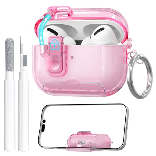 Image of for AirPods Pro 3 Case (2025) with Cleaner Kit, Cute with Lock Clid and Cleaner Kit,[Auto Pop-Up] Soft TPU Clear Cover with Bracket & Dustproof Design for AirPods Pro Case with Keyring(2025)-Pink