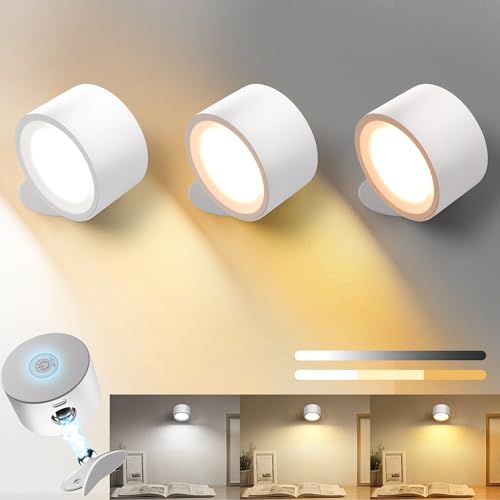 Image of AUDERWIN LED Wall Sconces Rechargeable Wall Mounted Wireless Lights, 3 Color Temperatures & Dimmable, Magnetic 360 Rotation Picture Lights Bedside Decor Wall Lamps for Bedroom Night Reading