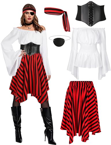 Cosrea Pirate Costume Adult Women Renaissance Shirt Bandana Corset Waist Belt Eye Patch Halloween...