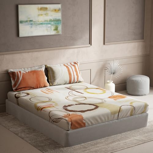 Image of Ddecor - Pack of 1 Cotton Abstract King 145 TC Bedsheet with 2 Pillow Covers - Orange