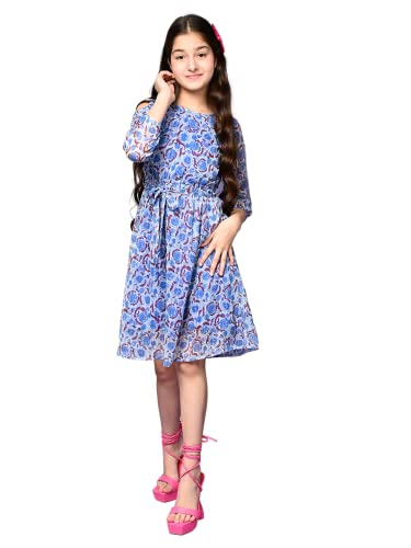 Image of LILPICKS Girls Floral Printed Cold Shoulder Fit n Flare Dress (Blue White)