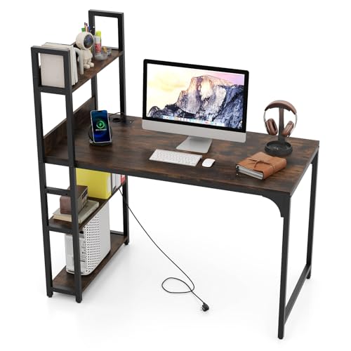 COSTWAY Escritorio de Computadora con Regleta de Energía, Mesa para Ordenador con Estante para Oficina, Enchufes de CA, Puerto USB A, Puerto Tipo C y Estructura Metálica, 120 x 65 x 130 cm