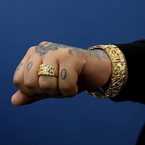 Nugget Ring & Bracelet 25mm Rugged 14k Gold Plated Yellow Pinky Pimp Finger/Wrist Hip Hop Style For Man or Women lifetime Fashion Jewelry2