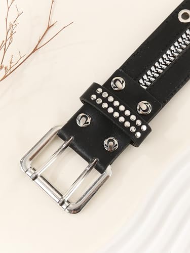 Women's Vintage Zip Rivet Studded Belts PU Leather Western Punk Waist Belts for Jeans3