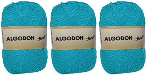 Pelote de laine de coton 100% coton de première qualité parfaite pour le bricolage et le tricot à la main (couleur turquoise 100 g, env.220 mètres lot de 3 pièces)