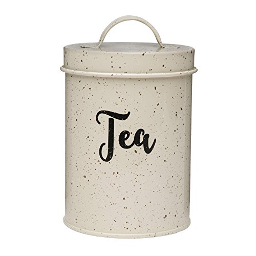 Amici Home, 7CDI043R, Maddox Collection - Recipiente de té de metal moteado crema y dorado, tapa superior a presión, calcomanía de escritura pintada, capacidad de 45 onzas