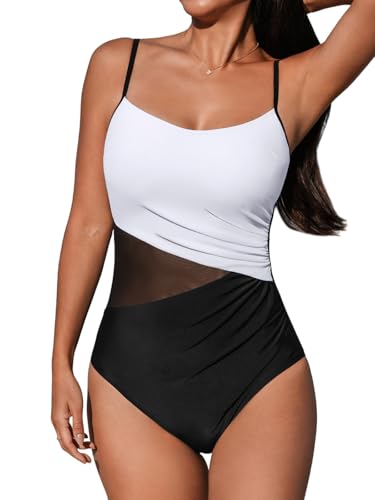 CUPSHE Women's One Piece Swimsuit Bathing Suit Scoop Neck Cutout Back Hook Color Block Mesh Swimwear, M