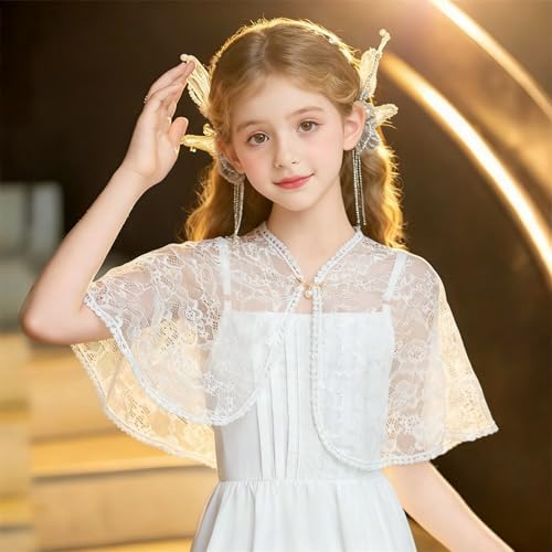 Image of White Lace Cape Floral Bolero Cardigan Shrug Cover Up Jacket for Girls Kids Toddler Child