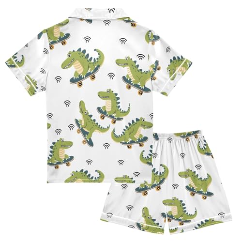 ALAZA Cartoon Crocodile Animal White Pajamas Satin Pajama Set Short Sleeve Button Down Sleepwear2