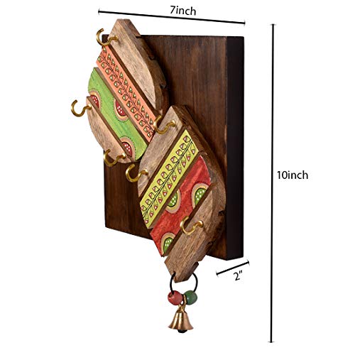 Image of AAKRITI ART CREATIONS Key Holder, Handcrafted Madhubani Design Key Hanger | Rustic Wood Wall Organizer with 4 Hooks | New Home Gifts | Multifunctional Entryway Decor Item
