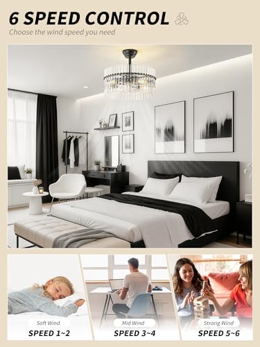 Image of SYDACG 20 inch Black and Clear Crystal Fandelier Ceiling Fan with Light, Mid-Century Chandelier Ceiling Fan with Light Remote Control, 6 Speeds for Bedroom, Nursery, Living Room