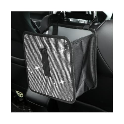 Image of Car Trash Can, Bling Rhinestone Crystal Waterproof Hanging Garbage Bag for Car Interior, Oxford Leakproof Foldable Waste Organizer Trash Bin Universal for Most Vehicles (White)