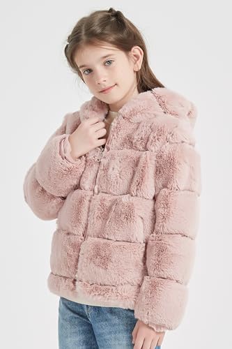 Image of Giolshon Girls Faux Fur Fleece Jacket Sherpa Fuzzy Hoodie Winter Coat with Full Zip Fluffy Outerwear 2169