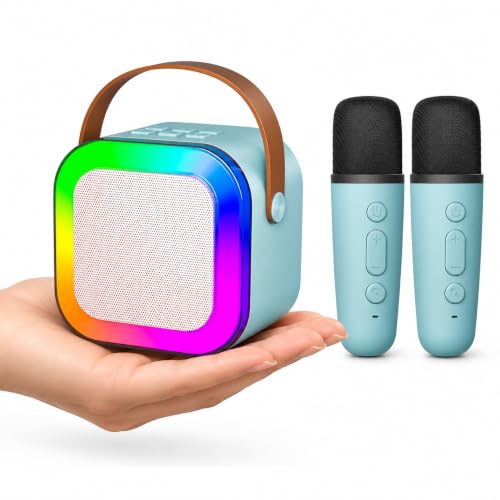Mini Boy Kablosuz Mikrofonlu Karaoke Makinesi Taşınabilir Bluetooth Hoparlör Seti Bas Tiz Ayarlı Hoparlör Yetişkinler ve Çocuklar için Hafıza Kartı ve USB 10x10x6 cm (Çiftli K12 - Turkuaz)