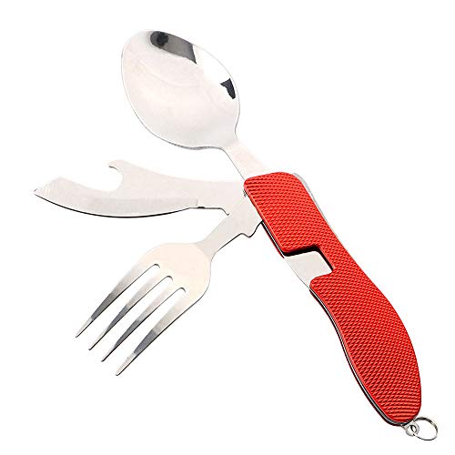 QitinDasen Premium 4 in 1 Folding Cutlery, Detachable 4 in 1 Folding Tableware, Stainless Steel Folding Camping Flatware Knife Fork Spoon and Bottle Opener (Red)
