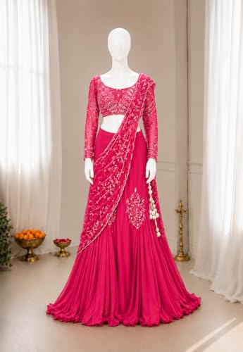 Image of Lehenga choli Womens And Girls Soft Crep Silk Saree With Full-Stitched Blouse With Embroidery Work Wedding navratri party letest
