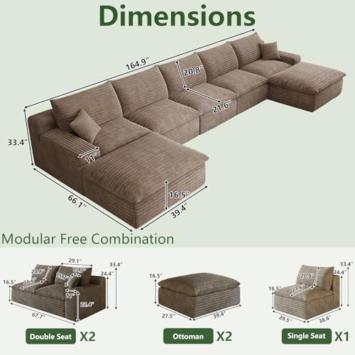 Image of 165 inch Cloud Couch Modular Sectional Sofa for Living Room, U-Shape Boneless Couch with Deep Seat, Modern Corduroy 5-Seater with Ottomans, No Assembly Required, Camel