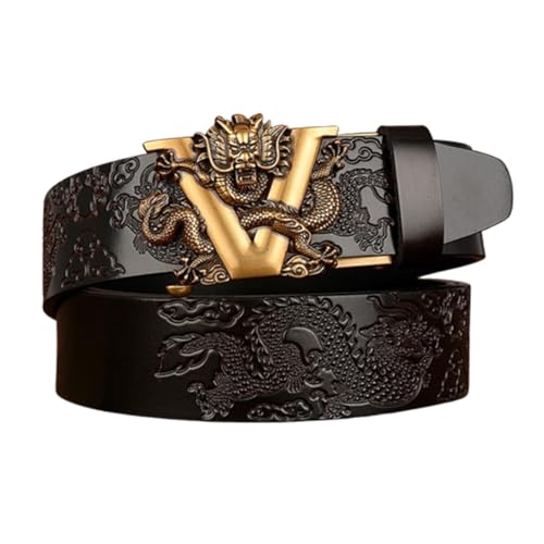 Embossed Dragon Pattern Ratchet Leather Belt with Carved Gold V-Dragon Automatic Sliding Buckle Handmade Waist Strap