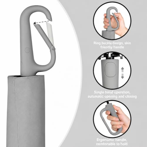 Image of FLYNGO Umbrella for Rain Big Size with Carabiner Handle, UV Coated 3-Fold Travel Umbrella for Sun Protection, Windproof Reinforced 10 Dual Ribs, Automatic Open /Close