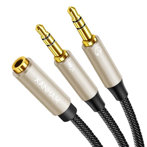 XANHAM 3.5mm Headphone Splitter for Computer Y Shape 1/8 Inch Aux 2 TRS Male to 1 TRRS Female Mic and Audio 4 Pole Headset Stereo Earphone Adapter Cable Cord Compatible with PC, Laptop, Gaming, etc