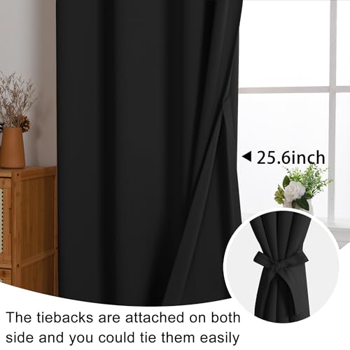 JIUZHEN Blackout Curtains with Tiebacks - Thermal Insulated, Light Blocking and Noise Reducing Grommet Curtain Drapes for Bedroom and Living Room, Set of 2 Panels, Black, 52 x 63 Inch Length by JIUZHEN - Image 6