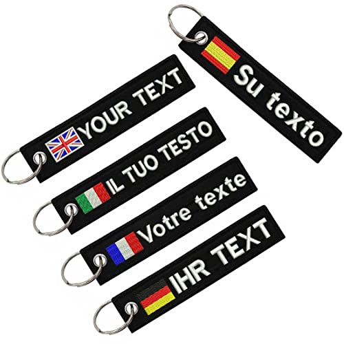 2 Piezas Llavero personalizado, etiqueta de texto personalizada doble cara bandera española Italia Portugal bordado Motociclismo ATV scooter, gran regalo bordado llavero para hombres y mujeres