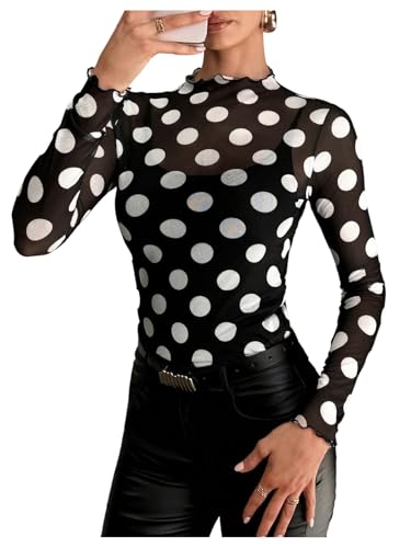 GORGLITTER Women's Polka Dots Mesh Sheer Top Long Sleeve See Through Mock Neck T Shirt Going Out Trendy 2025 Black and White Large