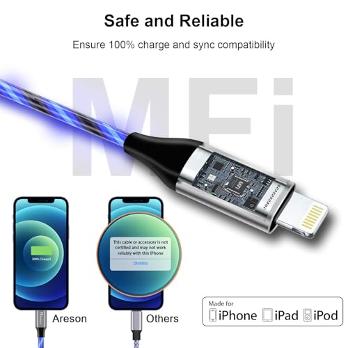Image of Light up iPhone Charger Cord, LED Lightning Cables 1 Pack | Apple MFi Certified | USB Fast Charging Cord for Apple iPhone 13 12 11 Pro Max XR XS X /8Plus /7Plus /6Plus /5s /5c /iPad More (Blue, 3ft)