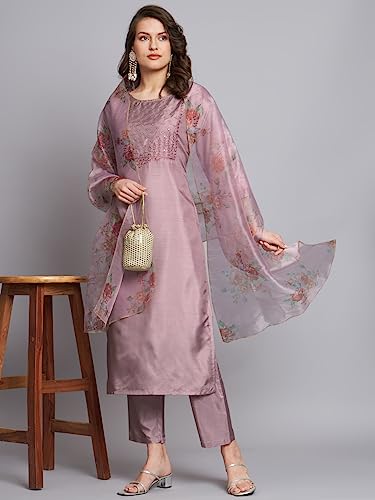 Image of VredeVogel Women's Silk Blend Embroidered Straight Kurta Pant Set with Organza Dupatta