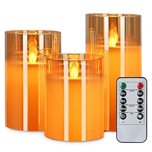 Heritage Decor Real Wax LED Glass Pillar Flameless Candles | Faux Dancing Wick | Amber Gold Glass | Battery Powered with Multifunctional Remote Controller for Home Decor (Yellow, Set of 3)-image-22