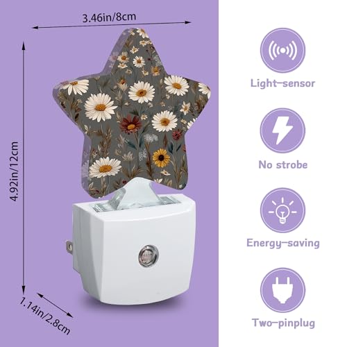 Image of Brown Flowers Night Lights Plug Into Wall,White Floral Dusk to Dawn Light Sensor Night Light for Kids,Energy Efficient Sleep Friendly Lamp for Bedroom Bathroom Nursery