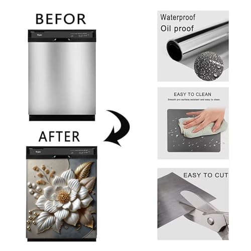 Image of BVBOX Dishwasher Magnet Cover 23 inchx26 inch, Reusable Magnetic Refrigerator Covers, Dishwasher Magnets Decorative Cover Fridge Door Skin Panel Stickers for Home Kitchen Appliance,Metal Embossed Flowers