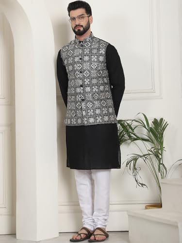 Image of SOJANYA (Since 1958 Men's Cotton Chikankari Kurta and White Pyjama with Embroidered Nehru Jacket