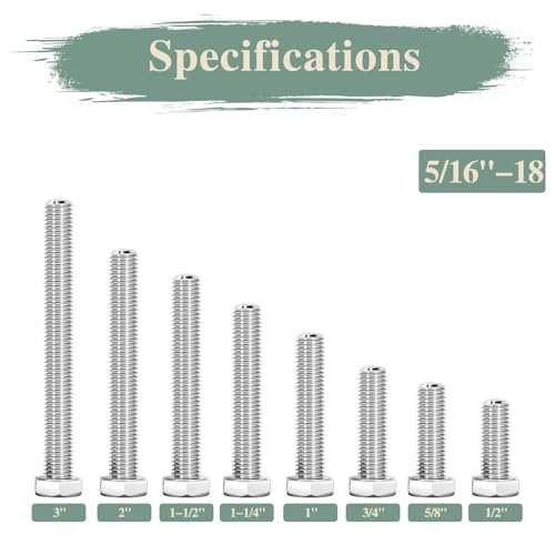 Image of 5 /16 inch-18 x 1 /2 inch Hex Head Screw Bolt, 20Pcs Stainless Steel 304 (18-8), Fully Threaded Bolts, Plain Finish